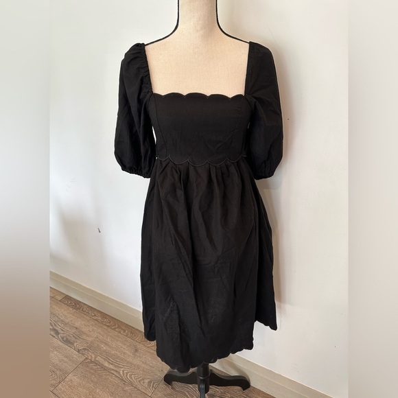 Zimmerman Mae Cut Out Linen Puff Sleeve Mini Dress Black Scalloped NWOT SZ 6 - Picture 3 of 12